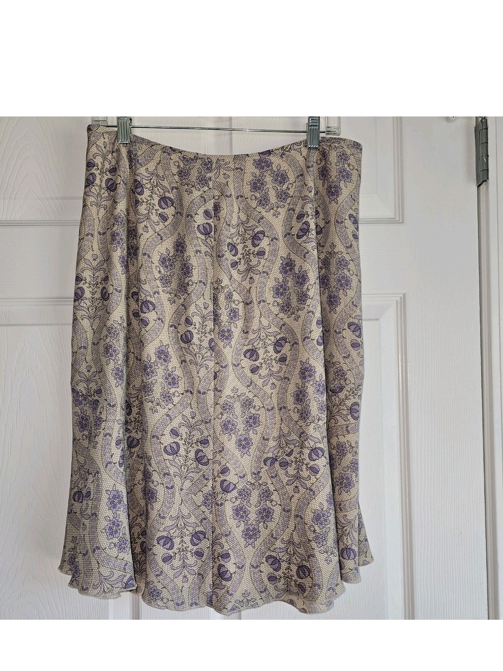 VTG Oscar De La Renta Ivory Purple Floral Print Knee Skirt Lined 14 Cottagecore